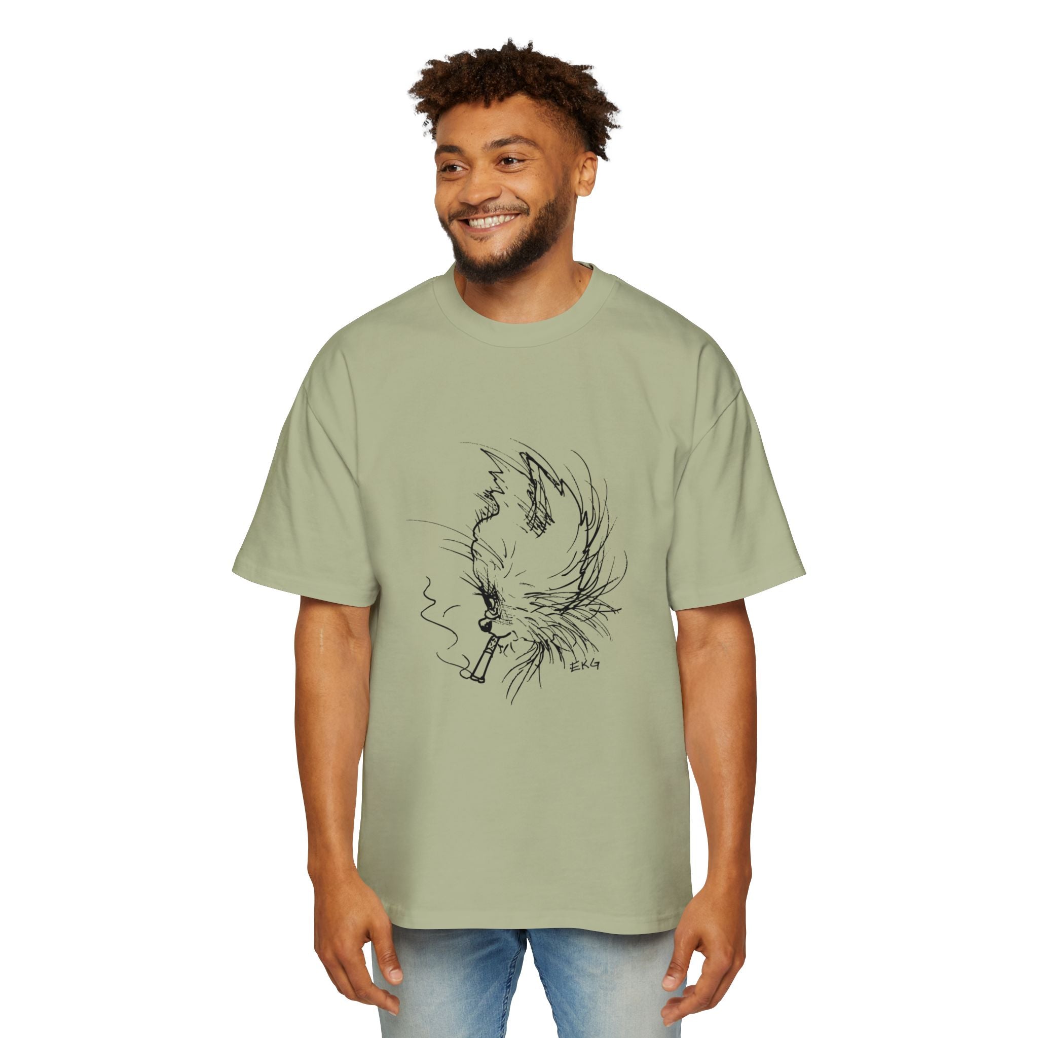 Cat Smoking Graphic Tee — Oversized Men's White T-Shirt