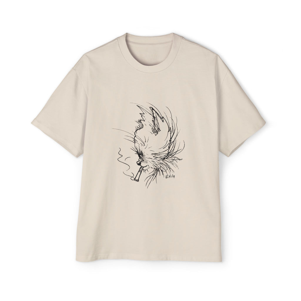 Cat Smoking Graphic Tee — Oversized Men's White T-Shirt
