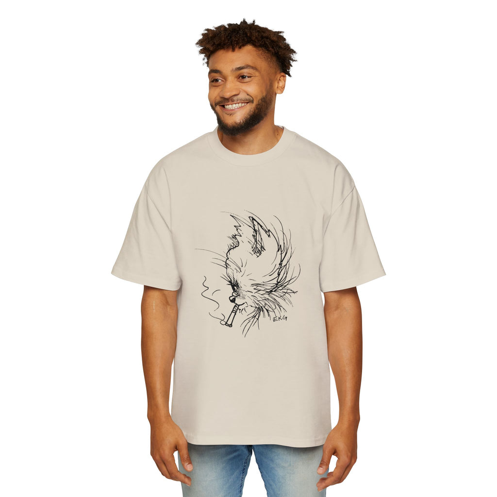 Cat Smoking Graphic Tee — Oversized Men's White T-Shirt
