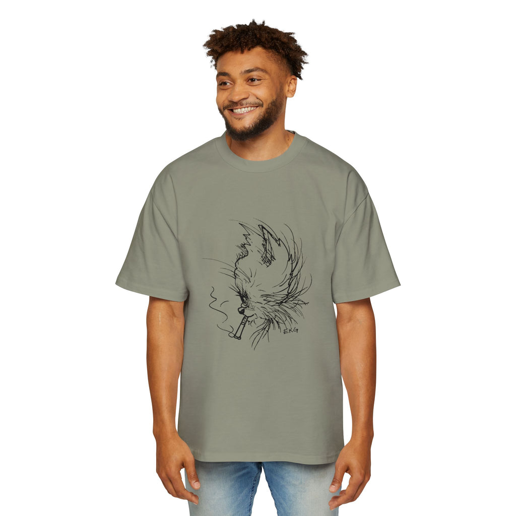Cat Smoking Graphic Tee — Oversized Men's White T-Shirt