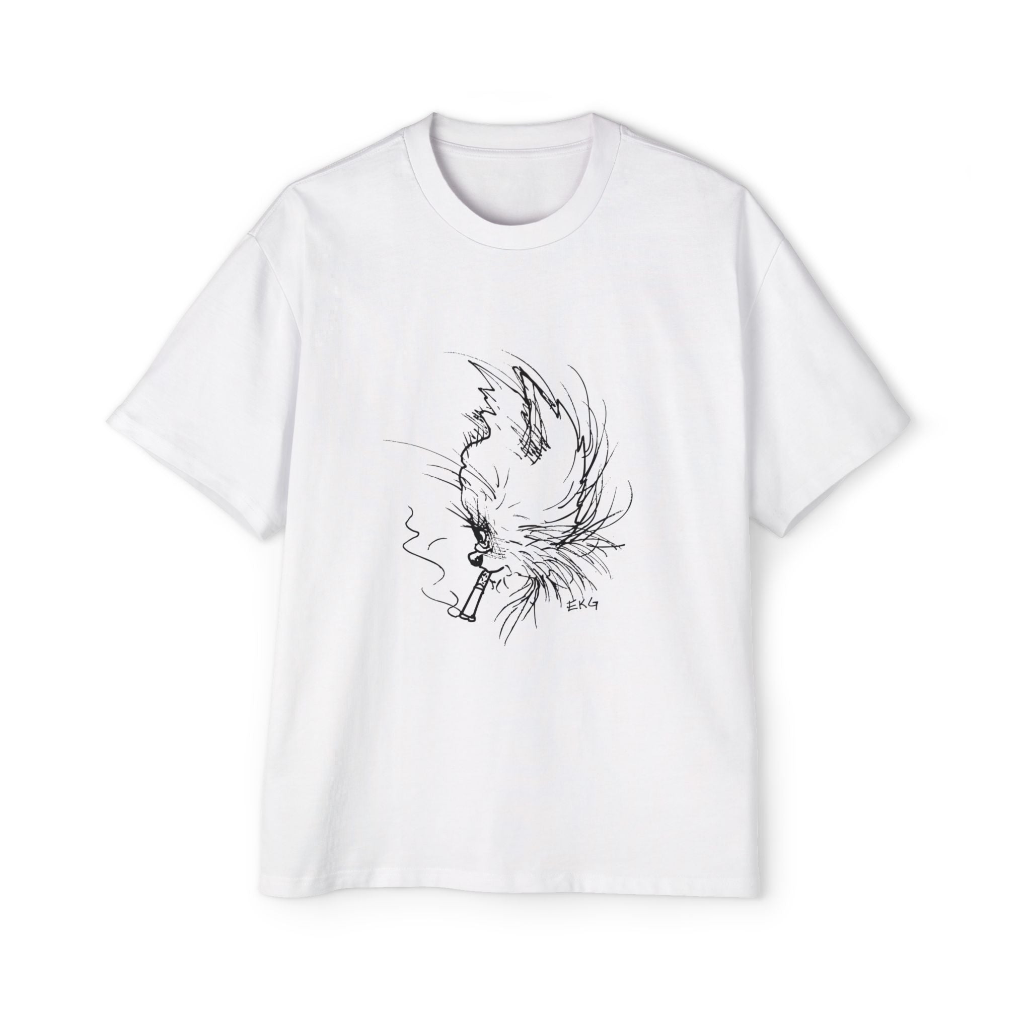 Cat Smoking Graphic Tee — Oversized Men's White T-Shirt